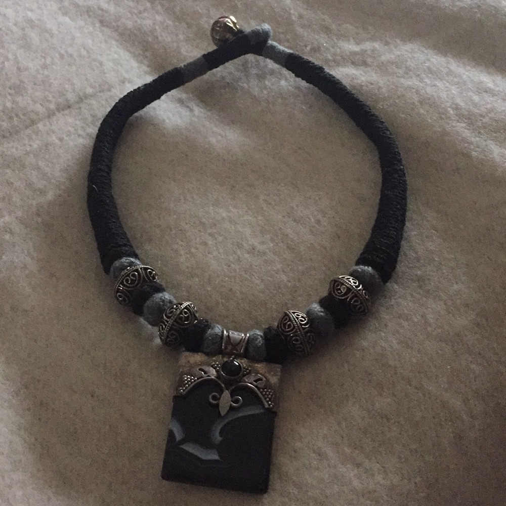 Black stone with sterling bead necklace - India